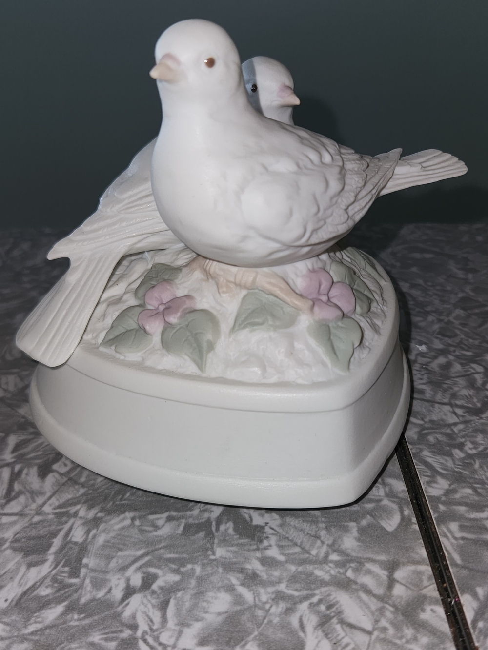 White Porcelain Dove Music Box with Pastel Floral Base